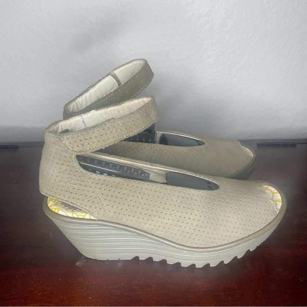 Fly London Beige Perforated Ankle-Strap Wedge Sandals